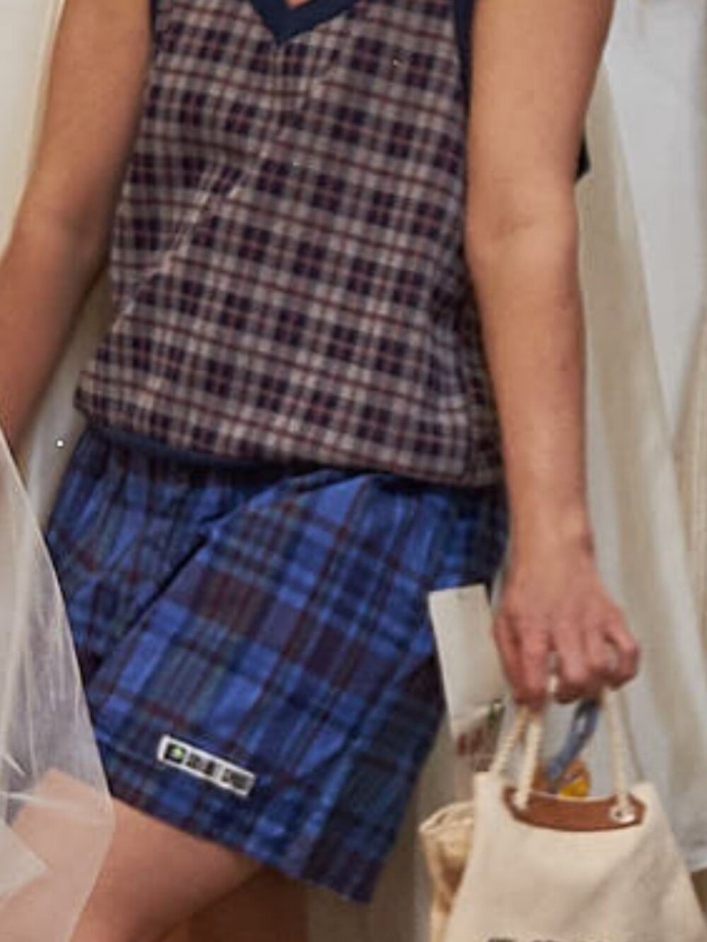1990s Reversible Blue and Blue and Purple Plaid Sideout Swim Board Shorts
